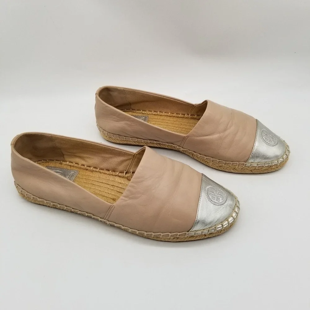 Tory Burch Espadrilles Women 7.5 Beige Silver Leather Metallic Cap Toe Flats